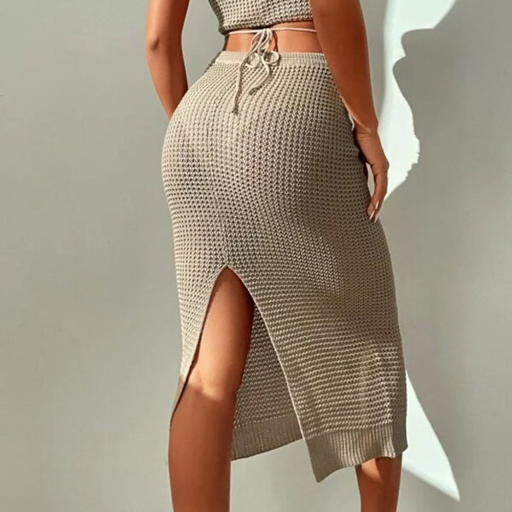 Tan 2 piece knit skirt and crop top knit coverup set - Picture 11 of 15